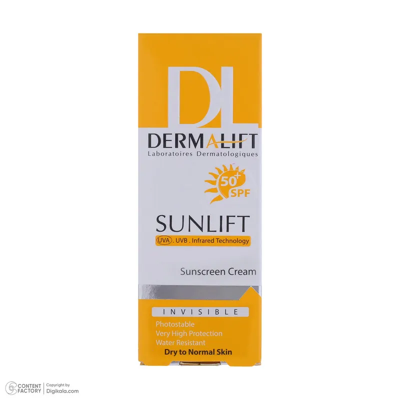 کرم ضد آفتاب بی‌رنگ صورت درمالیفت SPF 50 مدل SUNLIFT SPF50 محافظ UVA ،UVB، ضد آب، مناسب پوست خشک حجم 40 میلی‌لیتر ‌مناسب برای خشک، معمولی حجم 40 میلی‌لیتر - تصویر 4
