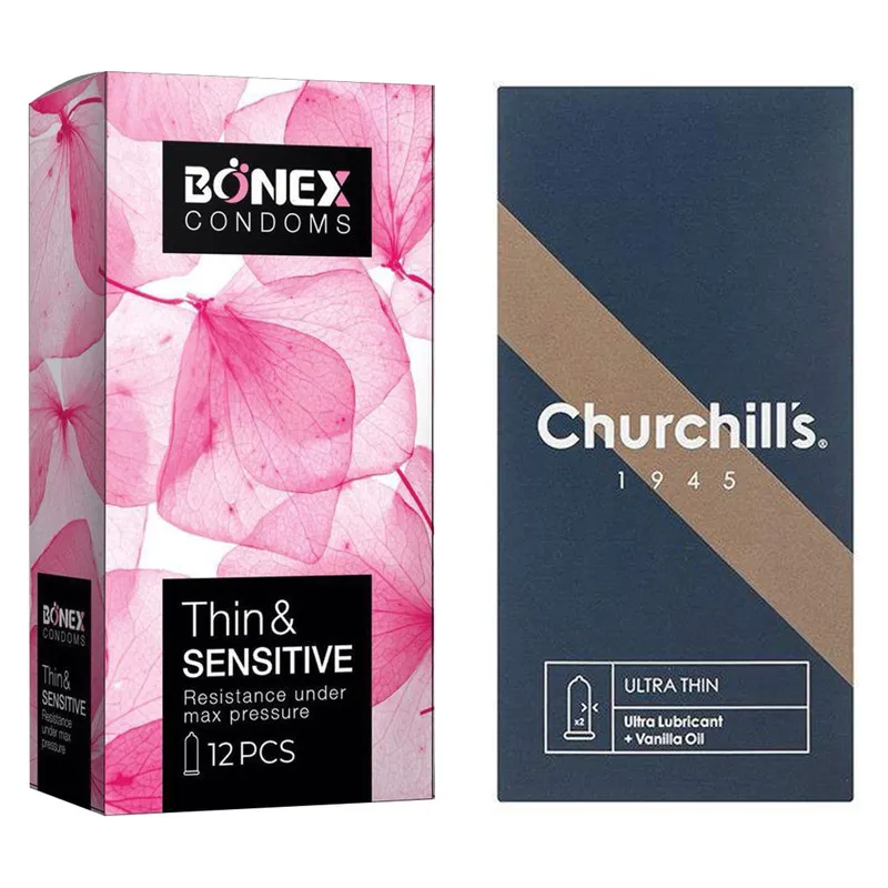 کاندوم چرچیلز مدل Ultra Thin بسته 12 عددی به همراه کاندوم بونکس مدل Thin & Sensitive بسته 12 عددی - تصویر 2