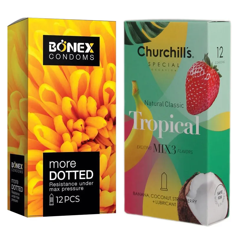 کاندوم چرچیلز مدل Tropical بسته 12 عددی به همراه کاندوم بونکس مدل More Dotted بسته 12 عددی - تصویر 2