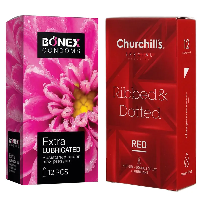 کاندوم چرچیلز مدل Ribbed & Dotted Red بسته 12 عددی به همراه کاندوم بونکس مدل Extra Lubricated بسته 12 عددی