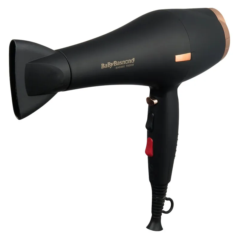 سشوار خانگی 7000 وات بیبی باس نانو مدل BA8960، موتور AC، وزن 700 گرم، دارای سری متمرکزکننده باریک، متمرکزکننده پهن با ویژگی صافکنندگی، حجمدهندگی، با قابلیت باد سرد، فناوری تولید یون
