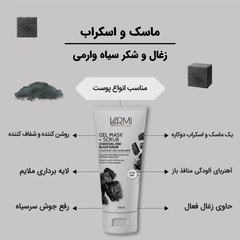 ماسک کرمی صورت وارمی مدل ذغال و شکر سیاه حجم 150 میلی‌لیتر پاک‌کننده عمقی، لایه‌بردار ملایم، کوچک‌کننده منافذ، آنتی‌باکتریال و ترمیم‌کننده پوست - تصویر 3