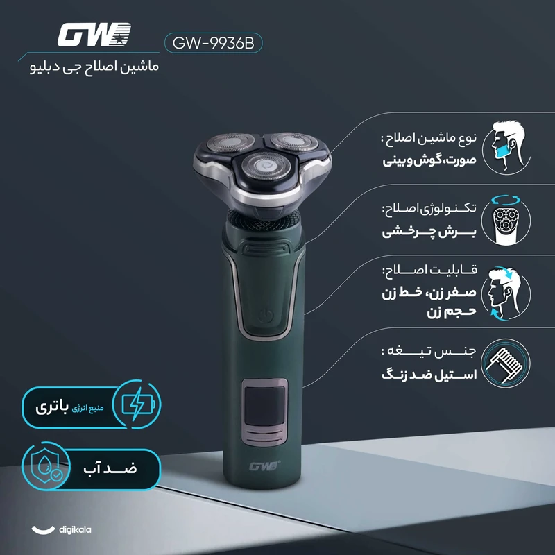 ست ماشین اصلاح موی صورت و بینی شارژی جی دبلیو مدل GW-9936B، اصلاح به صورت صفر زن، خط زن و حجم زن، منبع انرژی با باتری، تکنولوژی اصلاح به صورت برش چرخشی، اندازه اصلاح 0.1 میلی‌متر،  - نمای 1