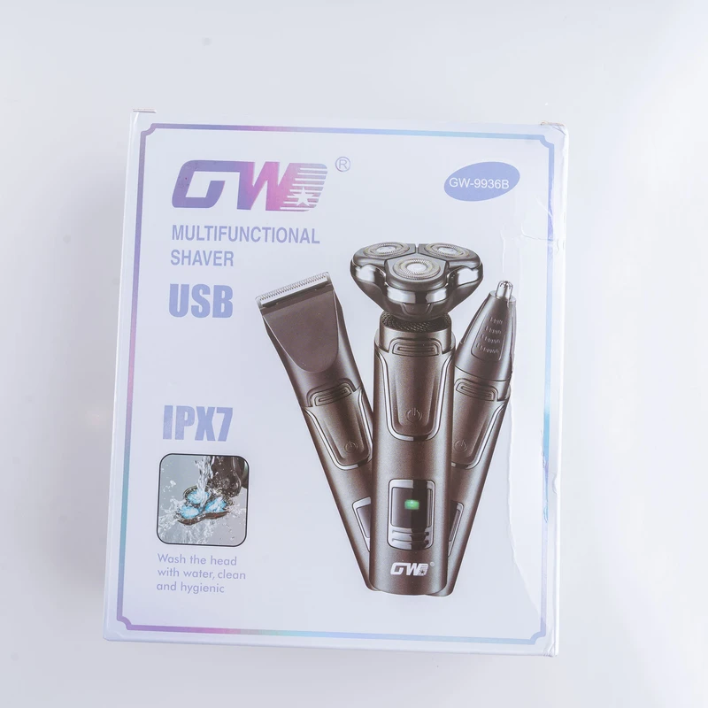 ست ماشین اصلاح موی صورت و بینی شارژی جی دبلیو مدل GW-9936B، اصلاح به صورت صفر زن، خط زن و حجم زن، منبع انرژی با باتری، تکنولوژی اصلاح به صورت برش چرخشی، اندازه اصلاح 0.1 میلی‌متر،  - نمای 2