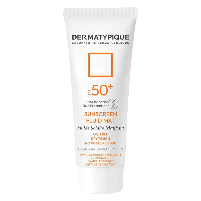فلوئید ضدآفتاب بیرنگ درماتیپیک SPF50 مدل Fluid mat، مناسب پوستهای چرب و مختلط، حجم 40 میلیلیتر