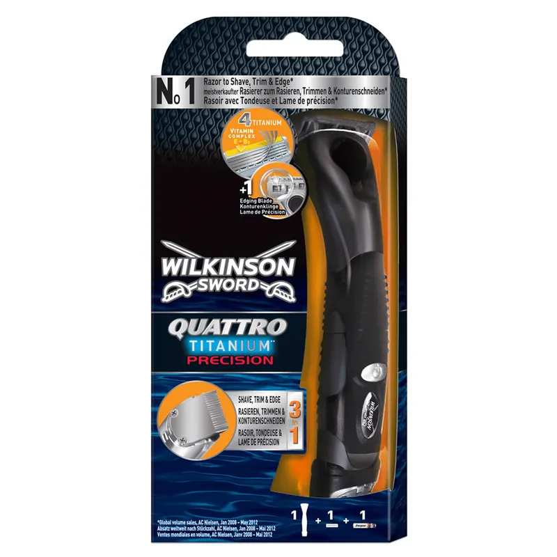 خود تراش ویلکینسون مدل Quattro Titanium به همراه 1 تیغ یدک سه حالت شانه و پایه نگهدارنده و باطری