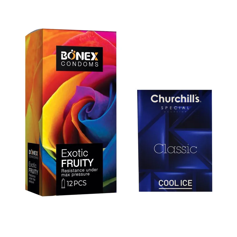 کاندوم بونکس مدل Exotic Fruity بسته 12 عددی به همراه کاندوم چرچیلز مدل Cool Ice بسته 3 عددی - تصویر 2