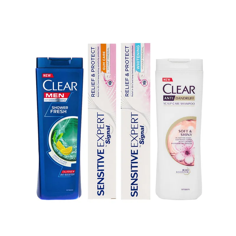 خمیر دندان سیگنال مدل Gum Care وزن 100 گرم به همراه خمیر دندان سیگنال، شامپو ضد شوره بانوان کلییر، شامپو ضد شوره کلییر