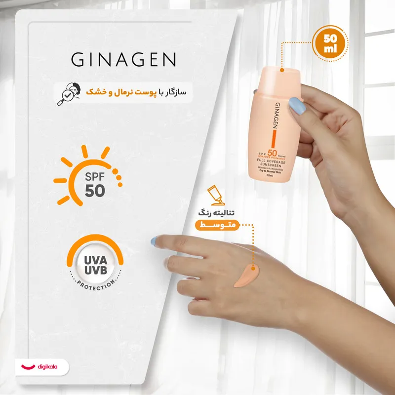 کرم ضدآفتاب رنگی ژیناژن مدل SPF50-03، مناسب پوستهای معمولی و خشک، حجم 50 میلیلیتر - تصویر 4