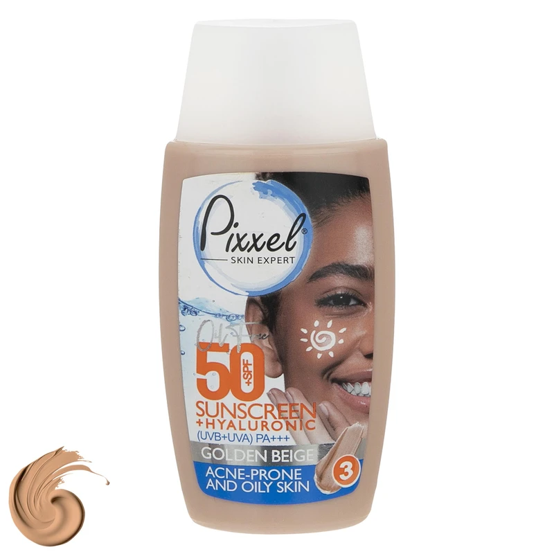 کرم ضد آفتاب رنگی پیکسل، SPF 50، مدل GOLDEN BEIGE، مناسب پوست‌های آکنه‌دار و چرب با تنالیته تیره و حجم 50 میلی‌لیتر، محافظت‌کننده در برابر اشعه‌های UVA و PA ،UVB+++، ضد جوش و آکنه، دارای فرمولاسیون فا