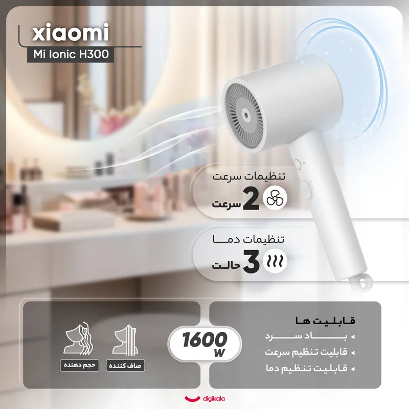 سشوار حرفهای 1600 وات شیائومی مدل Mi Ionic Hair Dryer H300، موتور DC، وزن 508 گرم، دارای سری متمرکزکننده باریک با ویژگی صافکنندگی، حجمدهندگی، با قابلیت باد سرد - تصویر 4