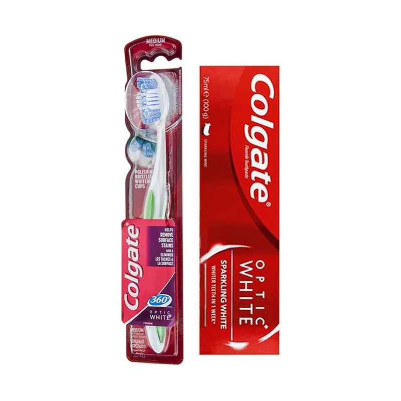 مسواک کلگیت مدل 360 Optic White با برس متوسط به همراه خمیر دندان کلگیت مدل Optic White حجم 75 میلی لیتر