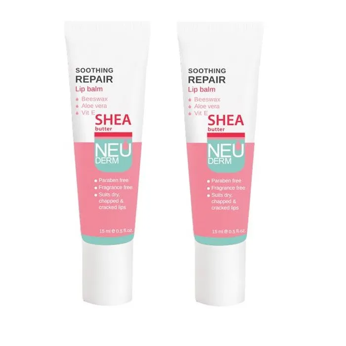 بالم لب نرمکننده و ترمیمکننده نئودرم مدل Soothing حجم 15 میلیلیتر حاوی موم زنبور عسل، شی باتر، آلوئه ورا و ویتامین E، بدون پارابن، جلوگیریکننده از پوسته شدن و خشکی لب، بسته 2 عددی