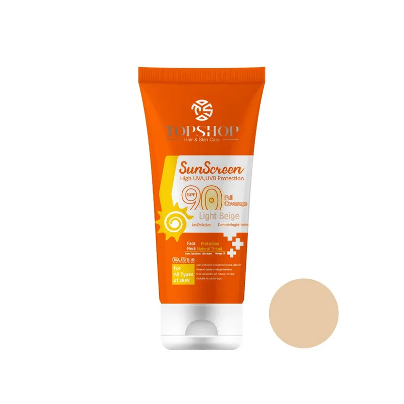 کرم ضد آفتاب رنگی تاپ شاپ مدل Light Beige SPF 90 مناسب انواع پوست حجم 50 میلی لیتر