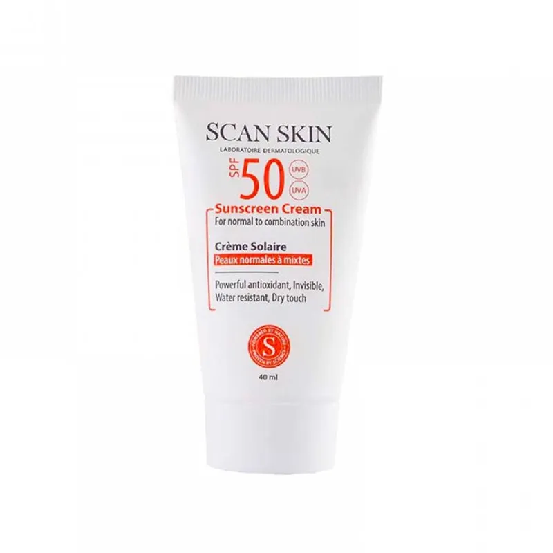 کرم ضدآفتاب بیرنگ اسکن اسکین مدل SPF50، مناسب پوستهای معمولی و مختلط، حجم 40 میلیلیتر