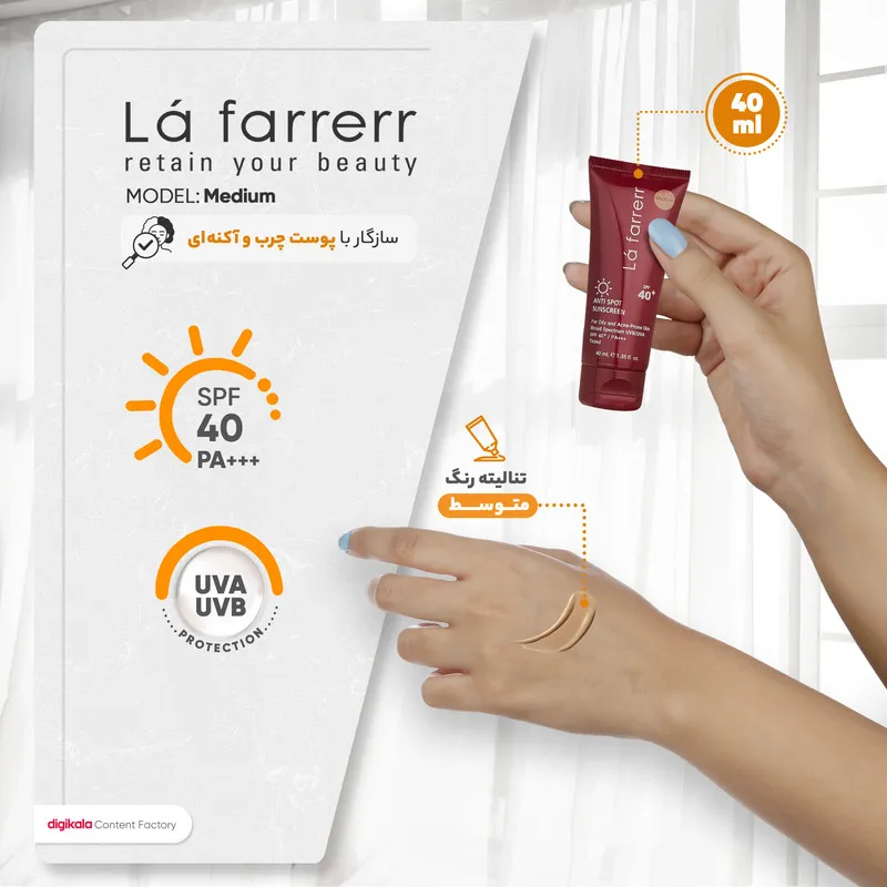 کرم ضدآفتاب و ضدلک رنگی لافارر مدل SPF40-Medium، مناسب پوستهای چرب، حجم 40 میلیلیتر - تصویر 4