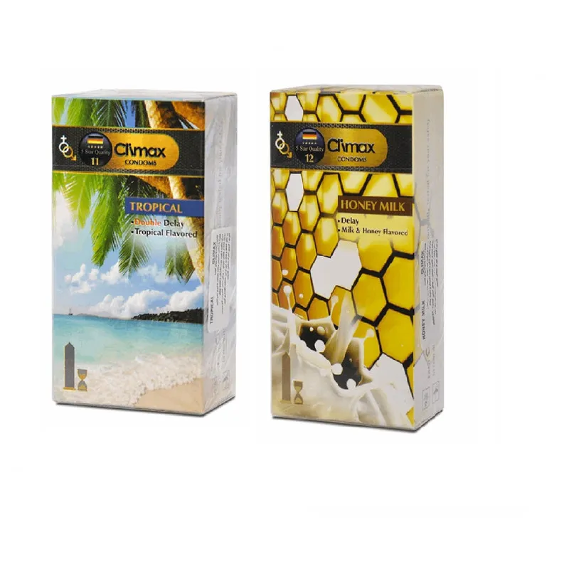 کاندوم کلایمکس مدل Tropical 11بسته 12 عددی به همراه کاندوم کلایمکس مدل Honey Milk بسته 12 عددی