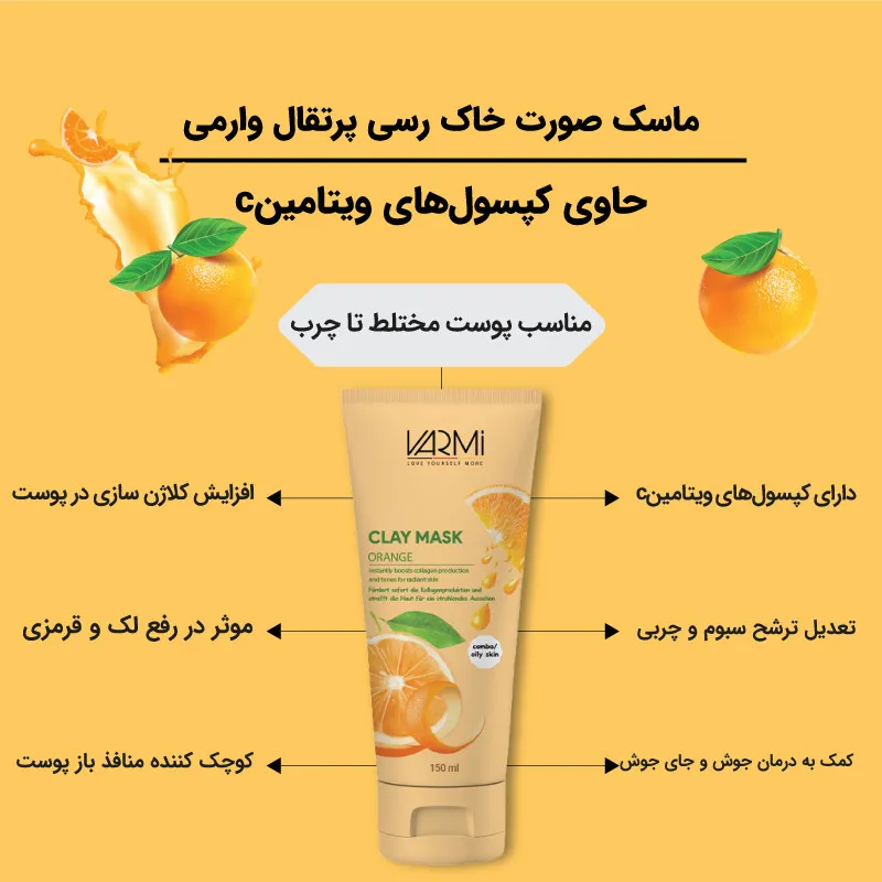 ماسک صورت خاک رسی پرتقال وارمی مدل Clay Mask حجم 150 میلیلیتر ضد جوش و آکنه، سمزدای عمقی، حاوی کپسول ویتامین C، روشنکننده و سفتکننده پوست، مناسب پوست چرب و مختلط - تصویر 3