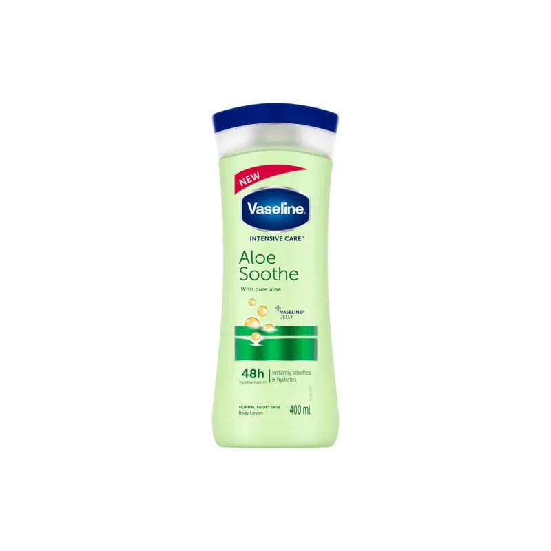لوسیون نرمکننده بدن وازلین مدل Aloe Soothe حجم 400 میلیلیتر حاوی آلوئه ورا و ویتامین E با ماندگاری رطوبت تا 48 ساعت و مناسب پس از استحمام