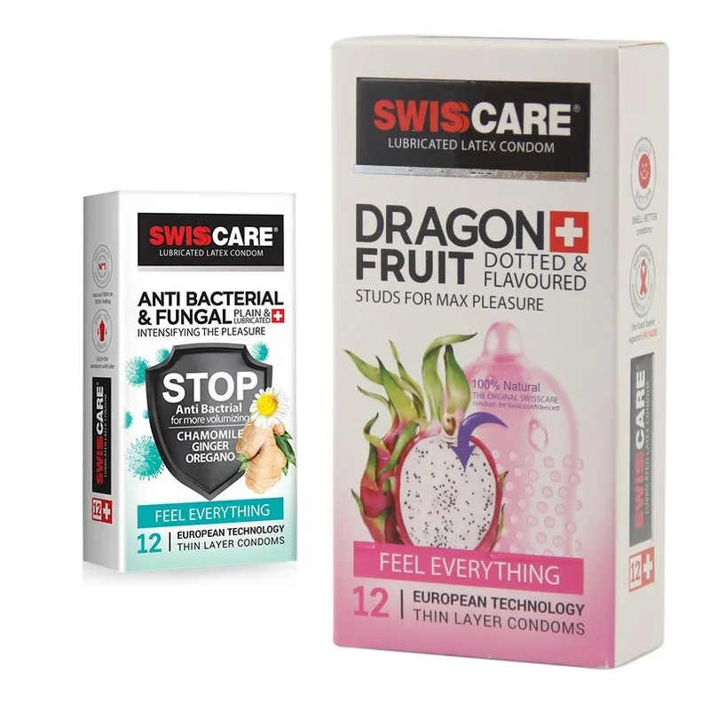 کاندوم سوئیس کر مدل ANTI BACTERIAL بسته 12 عددی به همراه کاندوم سوئیس کر مدل DRAGON FRUIT بسته 12 عددی - تصویر 2