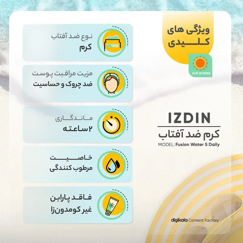 کرم ضدآفتاب بیرنگ ایزدین SPF50 مدل Fusion Water 5 Daily مناسب انواع پوست، حجم 50 میلیلیتر - تصویر 5