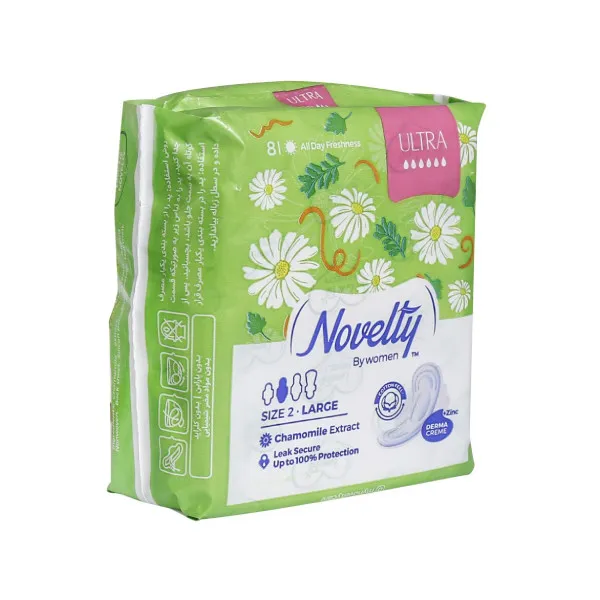 نوار بهداشتی روز ناولتی مدل ultra، سایز L، لایه رویی پنبه با جذب خیلی زیاد، بسته 8 عددی، حاوی عصاره بابونه، دارای بستهبندی تکی