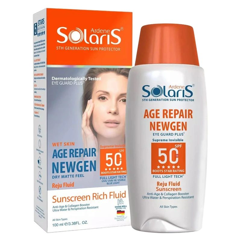 لوسیون ضد آفتاب بی‌رنگ آردن سولاریس، SPF 50، مدل Age Repair Newgen، مناسب انواع پوست با حجم 100 میلی لیتر، ضد آب و محافظت‌کننده در برابر اشعه‌های PA++++ ،UVA ،UVB، ضد پیری، دارای فرمولاسیون کلاژن، با 