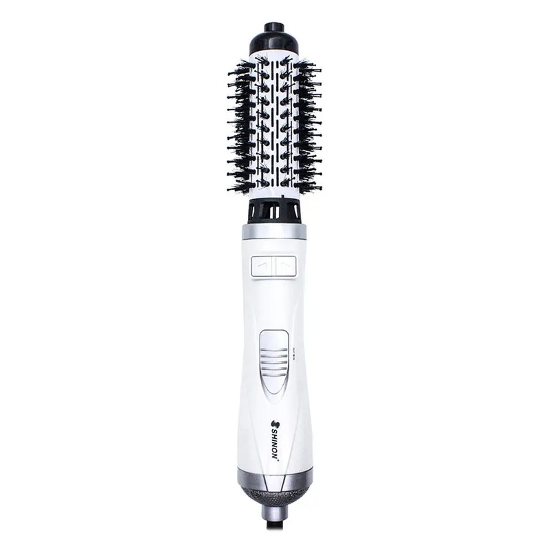 سشوار برسدار چرخشی 900 وات شینون مدل SH-8228، موتور AC، وزن 400 گرم، دارای سری برسدار گرد پهن با ویژگی صافکنندگی، حجمدهندگی، با قابلیت تنظیم دما، سیم گردان