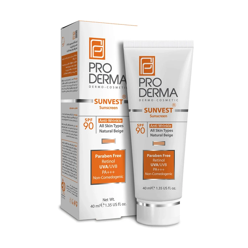 کرم ضد آفتاب رنگی پرودرما، SPF 90، مدل 90 Sunvest، مناسب انواع پوست  با تنالیته متوسط و حجم 40 میلی لیتر، ضدآب، فاقد پارابن، محافظت‌کننده در برابر  اشعه‌های UVA و UVB و غیر کومدون‌زا، PA+++، ضد چروک، 