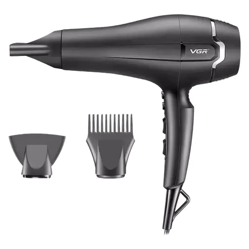 سشوار حرفه‌ای 2400 وات وی جی ار مدل V-450، موتور AC، وزن 950 گرم، دارای سری متمرکز‌کننده باریک، سری شانه‌دار با ویژگی صاف‌کنندگی، حجم‌دهندگی، با قابلیت باد سرد