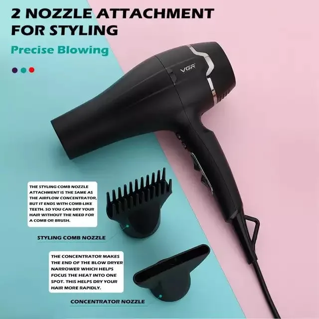 سشوار حرفه‌ای 2400 وات وی جی ار مدل V-450، موتور AC، وزن 950 گرم، دارای سری متمرکز‌کننده باریک، سری شانه‌دار با ویژگی صاف‌کنندگی، حجم‌دهندگی، با قابلیت باد سرد - تصویر 5