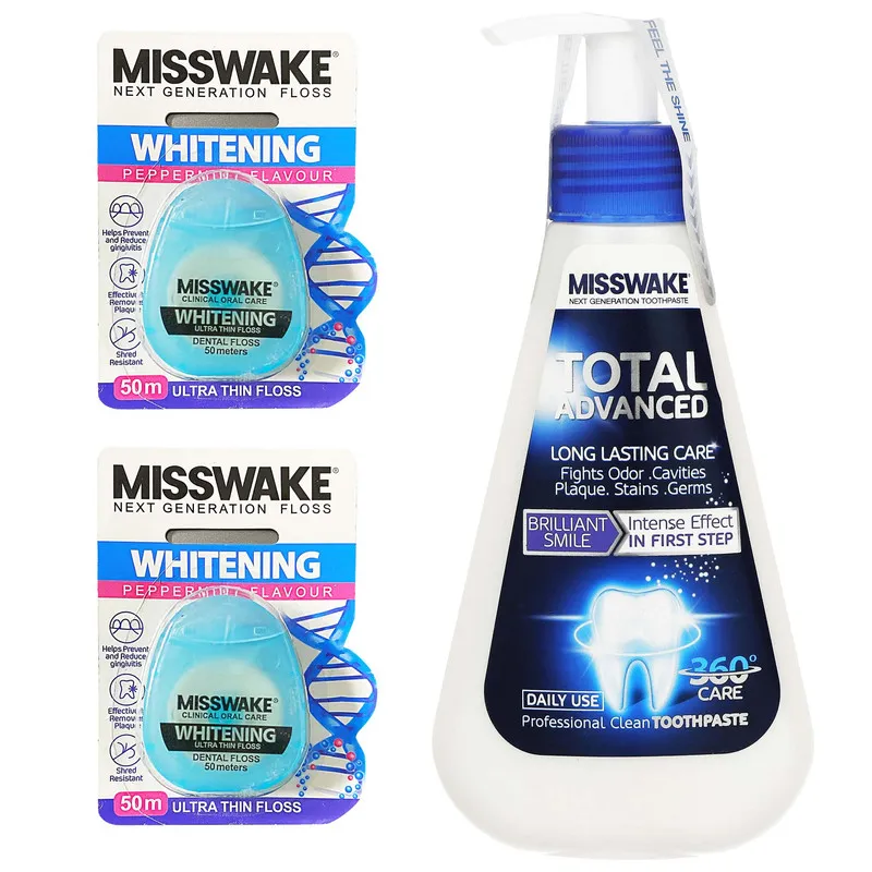 خمیر دندان میسویک مدل Total Advanced حجم 185 میلی لیتر به همراه نخ دندان میسویک مدل Whitening بسته 2 عددی