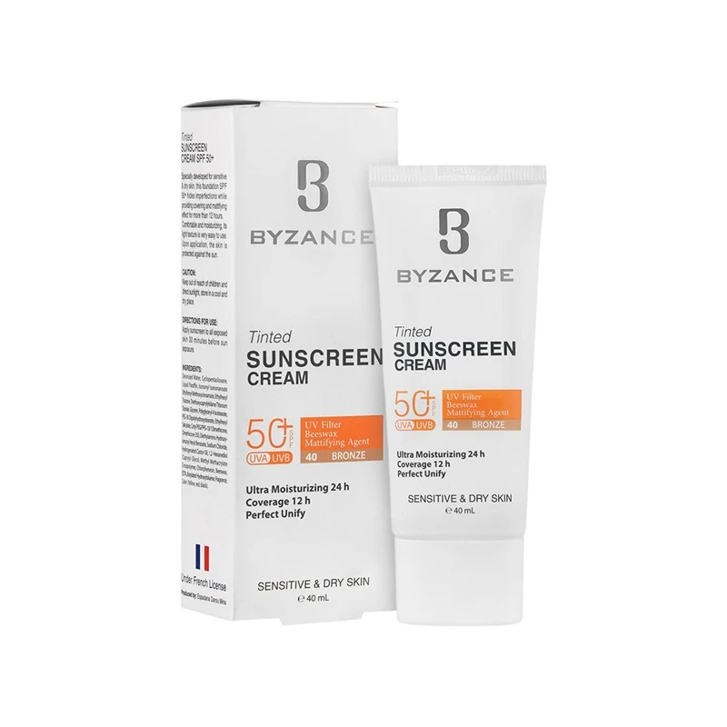 کرم ضد آفتاب رنگی صورت بیزانس SPF 50 مدل Bronze 40 محافظ در برابر UVA/UVB ‌مناسب برای پوست حساس و خشک حجم 40 میلی‌لیتر - تصویر 2