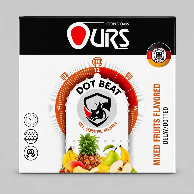 کاندوم اورز ضخامت نازک، مدل Dot Beat لاتکس طبیعی، ضدحساسیت، سایز استاندارد، بسته 3 عددی