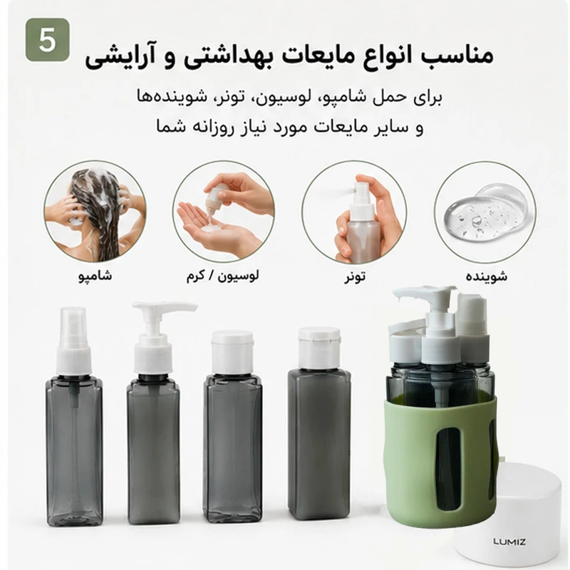 ست مسافرتی آرایشی لومیز مدل 4in1 bottle ، قابل حمل و قابل پرکردن مجدد، مجموعه 4 عددی - تصویر 6