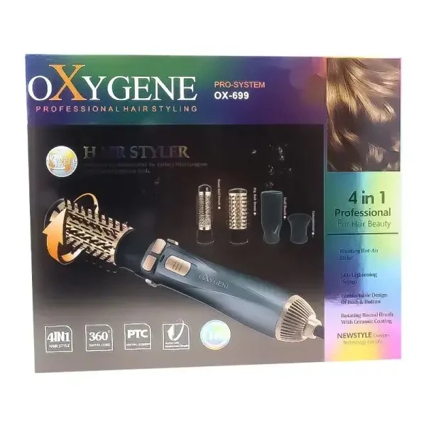سشوار چرخشی اکسیژن مدل OX 699 جدید 4 سر با موتور AC، توان 1200 وات، تنظیم دما در 2 حالت، تنظیم سرعت در 3 حالت، پخش یکنواخت گرما و به‌همراه سری برس‌دار گرد باریک - تصویر 3