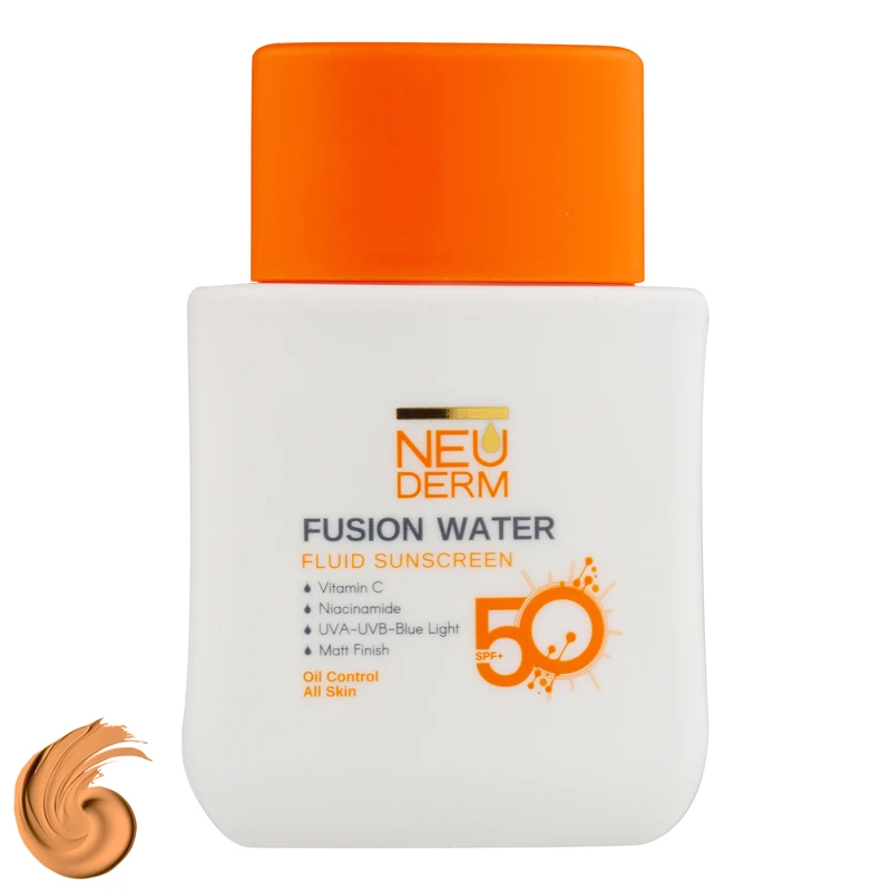 فلوئید ضد آفتاب رنگی نئودرم SPF 50 مدل Fusion Water حاوی محافظ UVA و UVB مناسب برای پوست چرب حجم 50 میلیلیتر حاوی ویتامین C و نیاسینامید
