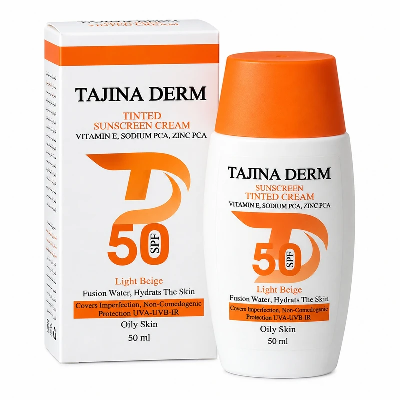 کرم ضد آفتاب رنگی صورت تاجینادرم SPF 50 مدل LIGHT BEIGE محافظ UVA/UVB مناسب برای پوست چرب حجم 50 میلی‌لیتر - تصویر 2