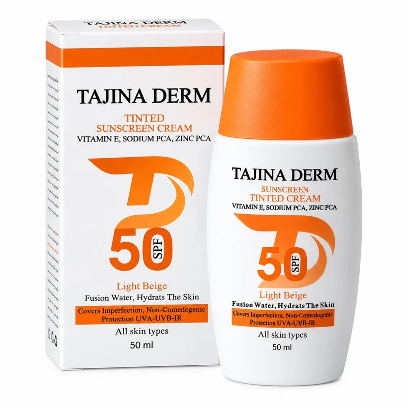 کرم ضد آفتاب رنگی صورت تاجینادرم SPF 50 مدل LIGHT BEIGE محافظ UVA/UVB مناسب برای انواع پوست حجم 50 میلی‌لیتر - تصویر 2