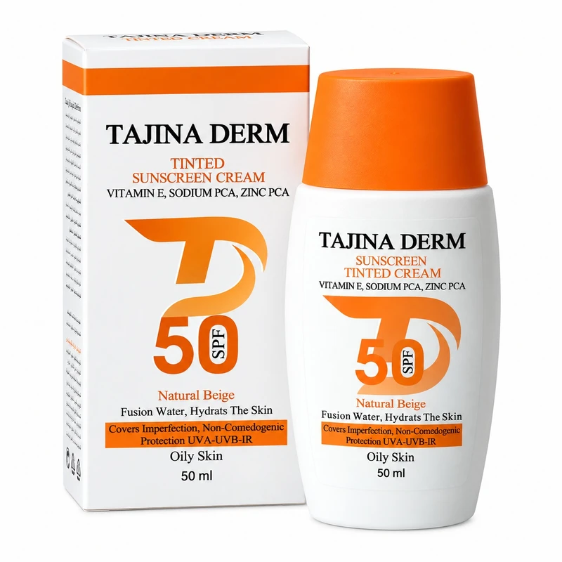 کرم ضد آفتاب رنگی صورت تاجینادرم SPF 50 مدل NATURAL BEIGE محافظ UVA/UVB مناسب برای پوست چرب حجم 50 میلی‌لیتر - تصویر 2
