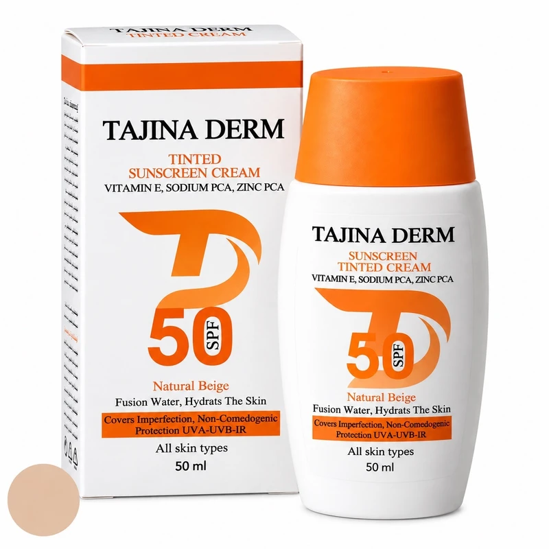 کرم ضد آفتاب رنگی صورت تاجینادرم SPF 50 مدل NATURAL BEIGE محافظ UVA/UVB مناسب برای انواع پوست حجم 50 میلی‌لیتر