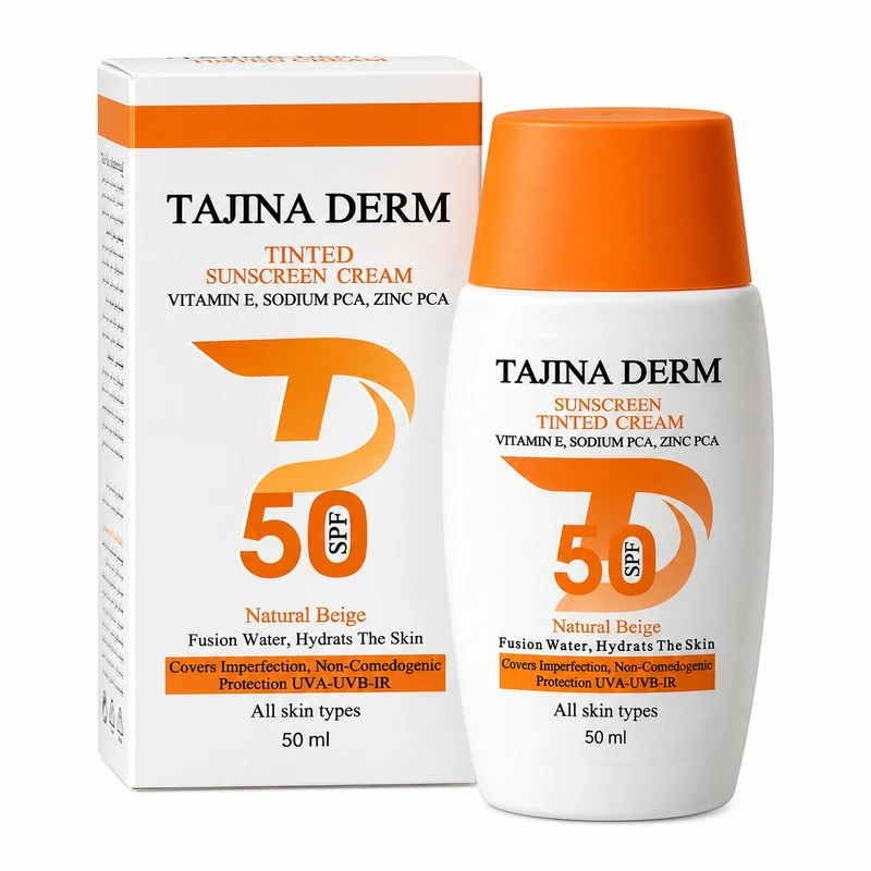 کرم ضد آفتاب رنگی صورت تاجینادرم SPF 50 مدل NATURAL BEIGE محافظ UVA/UVB مناسب برای انواع پوست حجم 50 میلی‌لیتر - تصویر 2