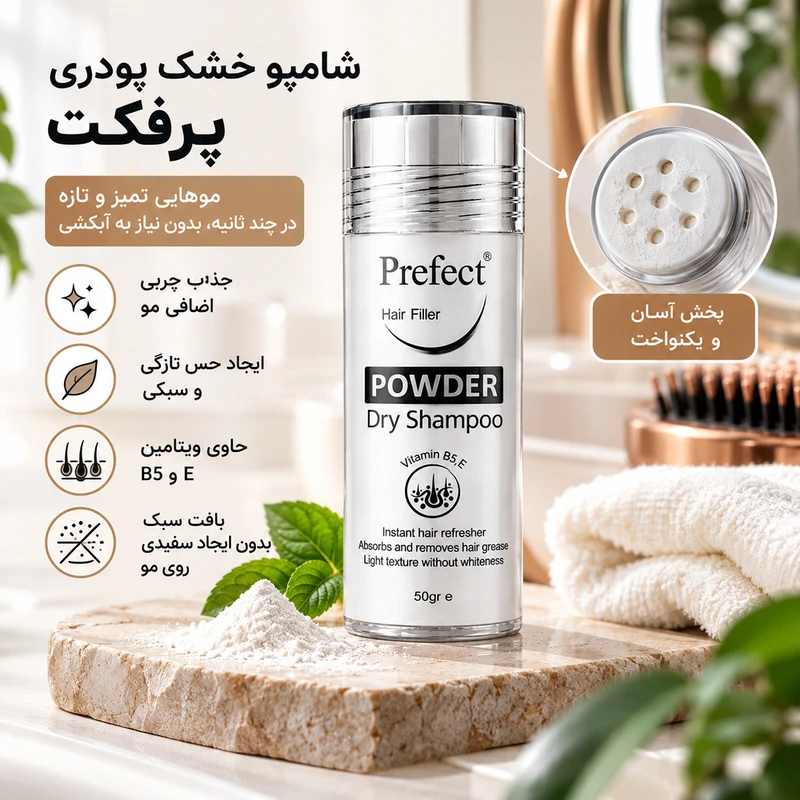 شامپو خشک مو پرفکت مدل Powder وزن 50 گرم، پودری، حاوی ویتامین E و B5، مناسب برای انواع مو - تصویر 2