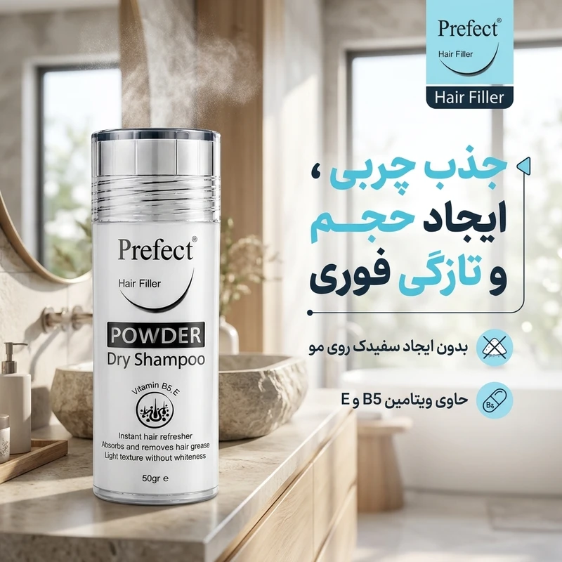 شامپو خشک مو پرفکت مدل Powder وزن 50 گرم، پودری، حاوی ویتامین E و B5، مناسب برای انواع مو - تصویر 4